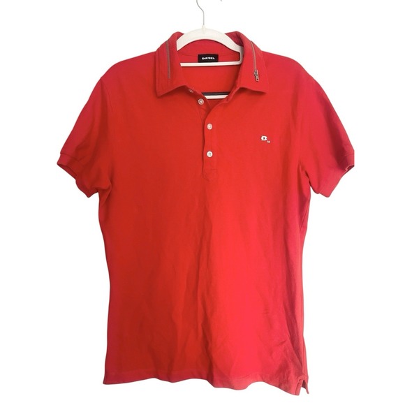 Diesel Other - Men's Diesel Y2K Red Polo Shirt Zipper Detail Collar Metal Logo Casual Sz L Edgy